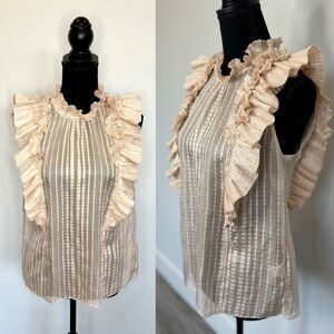 Rebecca Taylor Plaid Sheer Silk Blend Ruffle Short Sleeve Blouse (Sz 4)